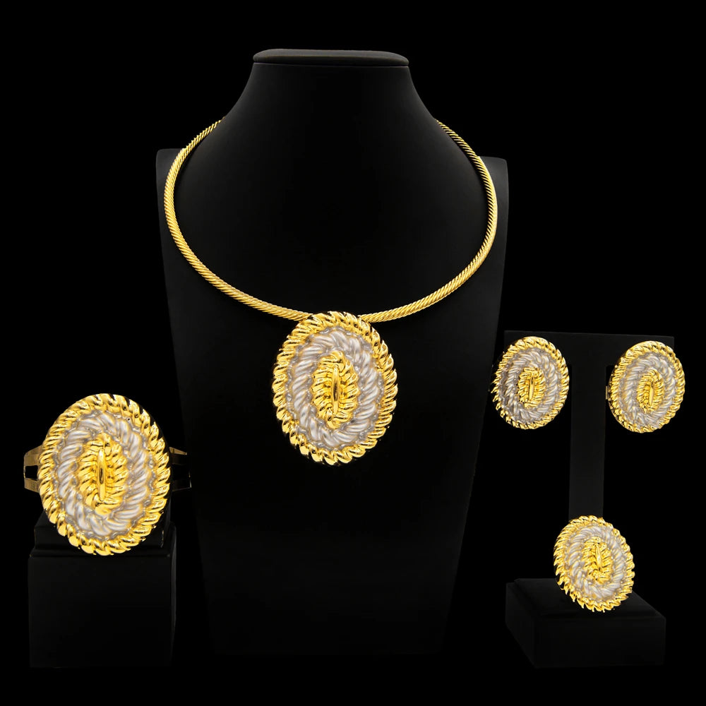 Zhuerru Italian Gold Plated Jewelry Set Simple Oval Necklace Bracelet Earrings Jewels Sets Bridal Wedding Accessories H00444
