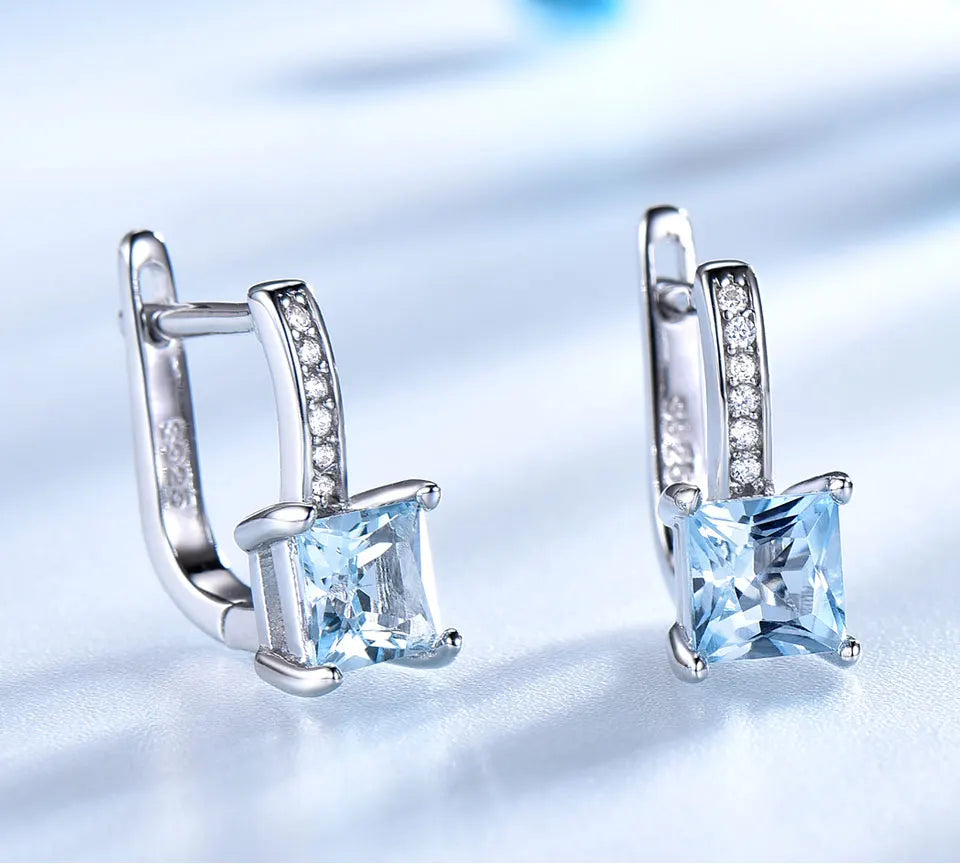 Fashion Jewelry Classic Rhodium Plated 925 Sterling Silver Earrings Blue Topaz Stone Hinged Backing Clip-On Earring for Women