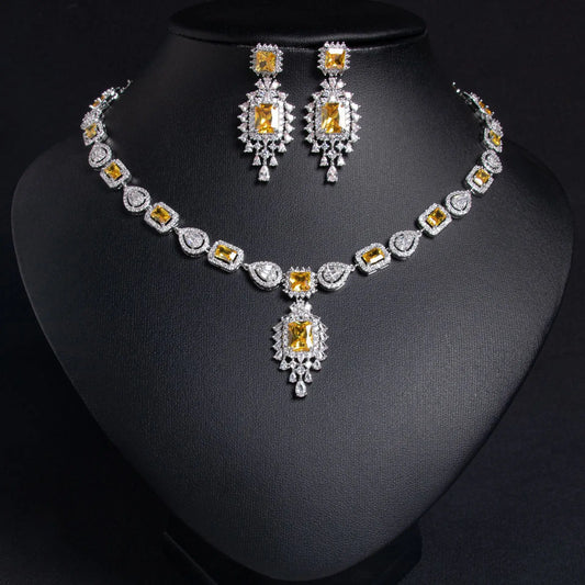 Luxury Princess-Cut Zirconia Rectangle Necklace & Earrings Bridal Set — Rhodium Plated