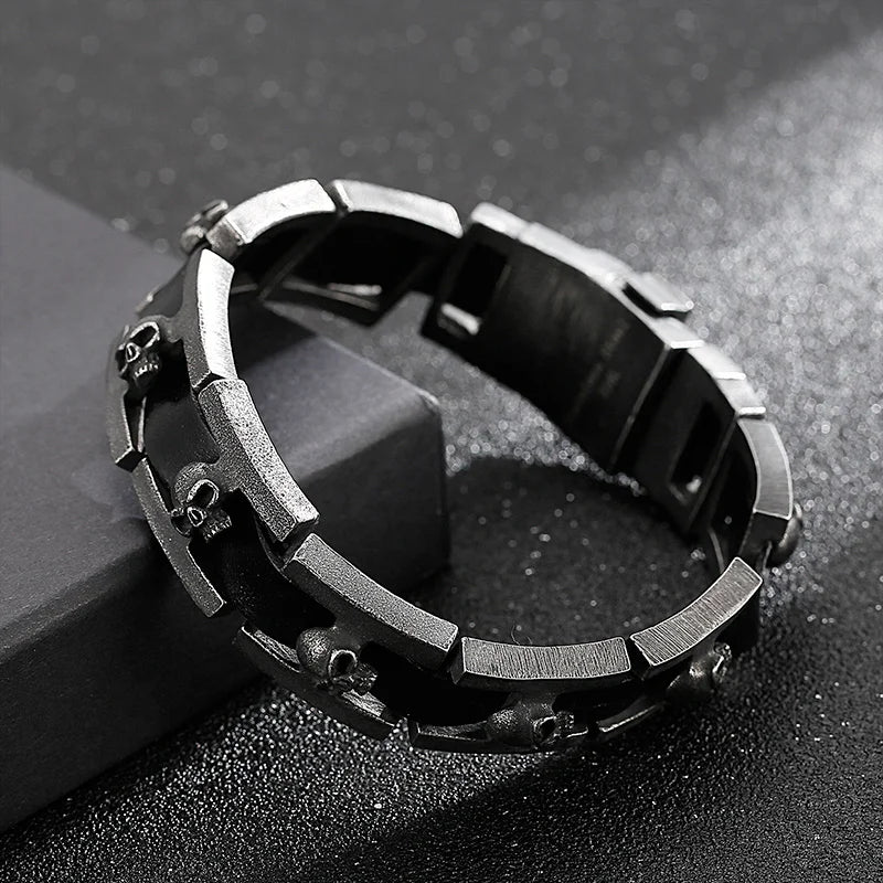 REBEL Punk Fine Jewelry Fashion Bracelets Stainless Steel Leather Skull Charm Links Bracelet