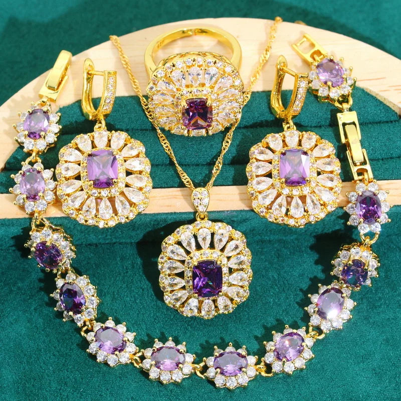 XOTICA Noble Purple Zircon Jewelry Set for Women Gold Color Earrings Necklace Pendant Ring Bracelet for Wedding Party Birthday Gifts