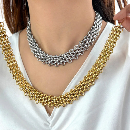Hip Hop Fashion Jewelry Sets 18K Gold Stainless Steel Multilayer Woven Wide Chain Necklace and Bracelet Jewelry Sets for Women