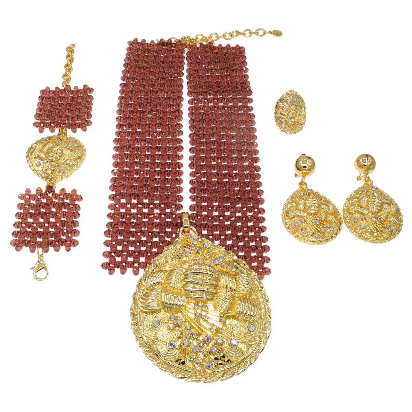 Zhuerrui Fashionable Gold Plated Jewelry Sets Wine Red Beads Necklace Jewelry Set Available Women's Birthday Party Gift H40033