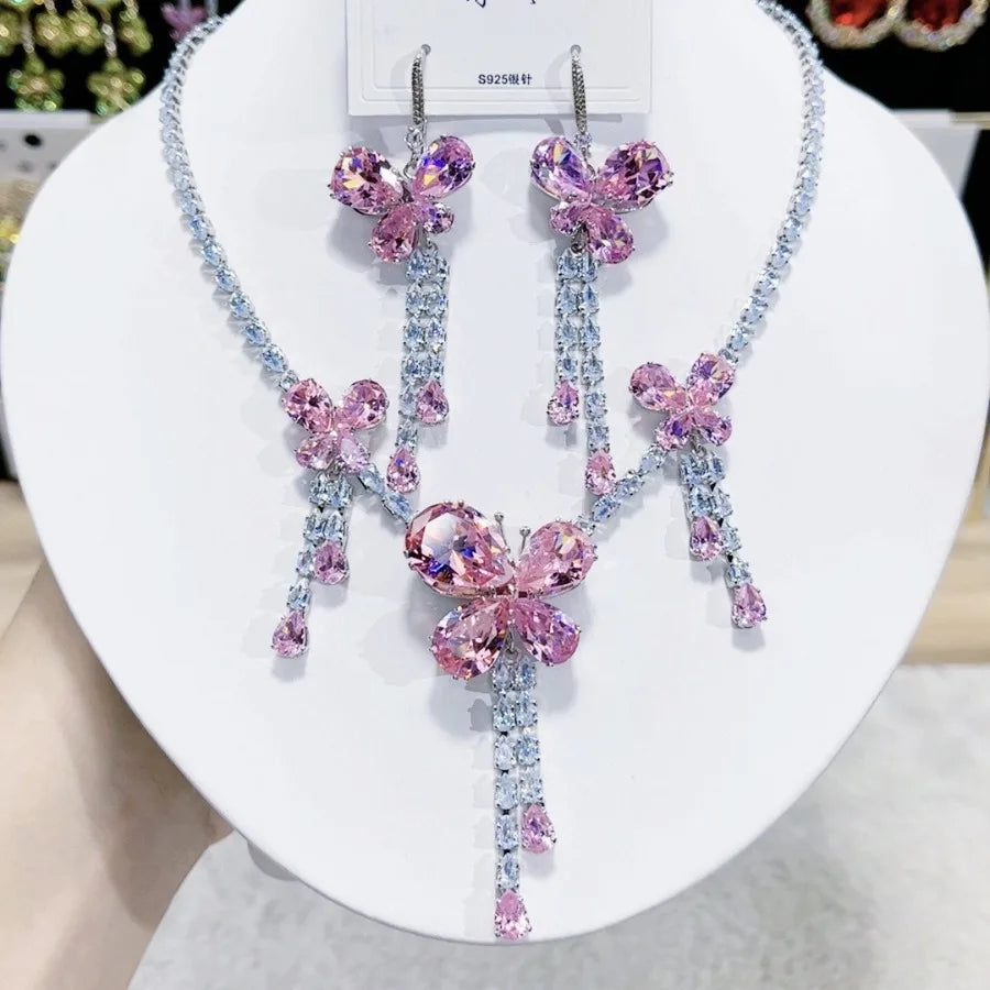 K039 High End Trendy Luxury Exquisite Blue and Pink Zircon Butterfly Necklace Earrings Set Women Elegant Jewelry Set for Party