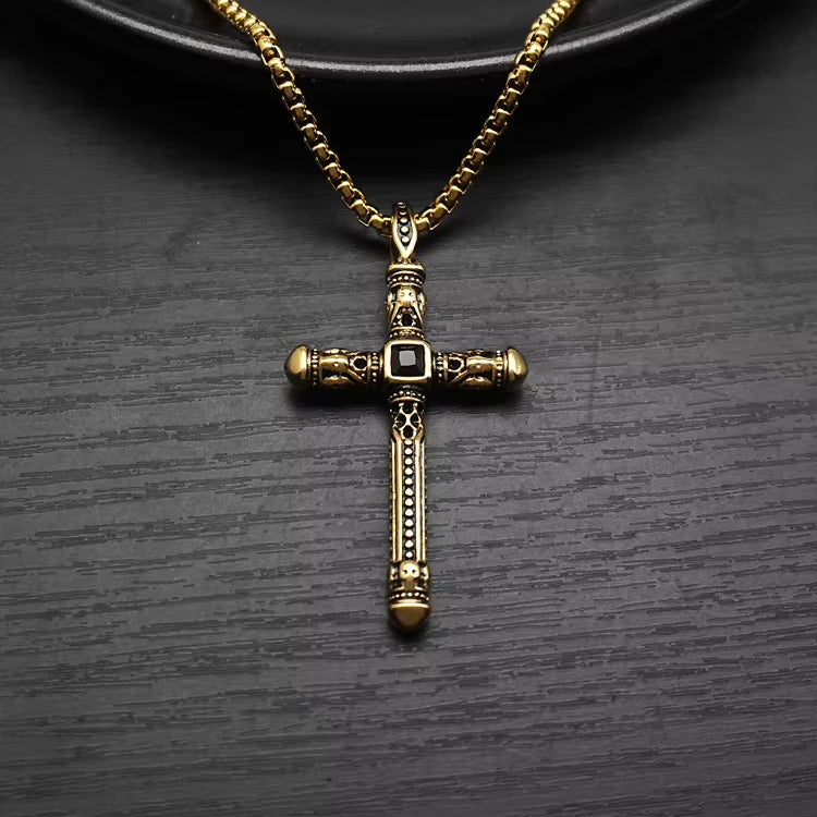 Hip Hop Punk Vintage Zircon Religious Cross WaterProof Pvd Stainless Steel Fashion Jewelry Pendant Necklaces for Men Wholesale