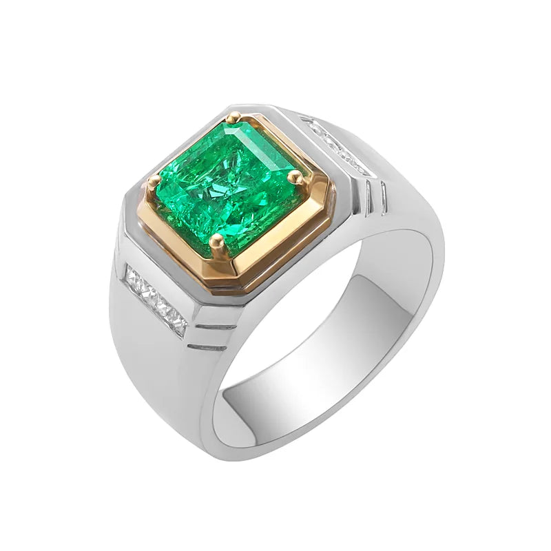 Gemfiori Anster Lab Created Emerald With Inclusions Men's Ring S925 Sterling Silver Lab Made Diamonds and Emeralds Ring