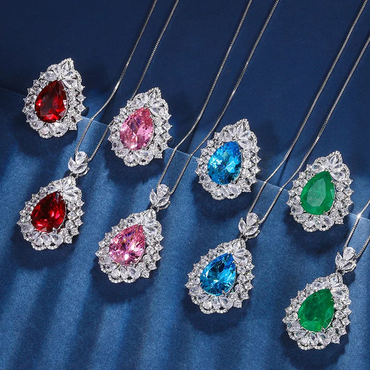 Gemfiori New Luxury Paraiba Tourmaline Water Drop Shaped Jewelry Set Green Fusion Crystal Zircon Necklace Ring Bridal Wedding Jewelry Set