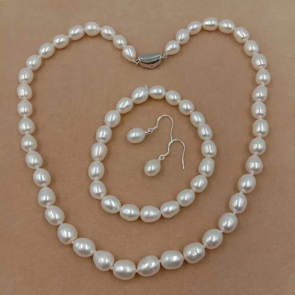 8 mm Rice Pearl Freshwater Jewelry Set 925 Silver Earring with Good Luster Wedding Factory Price Wholesale From the Factory