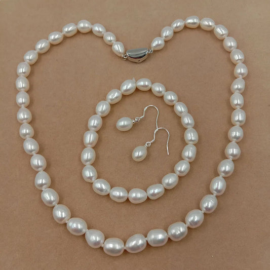 8 mm Rice Pearl Freshwater Jewelry Set 925 Silver Earring with Good Luster Wedding Factory Price Wholesale From the Factory