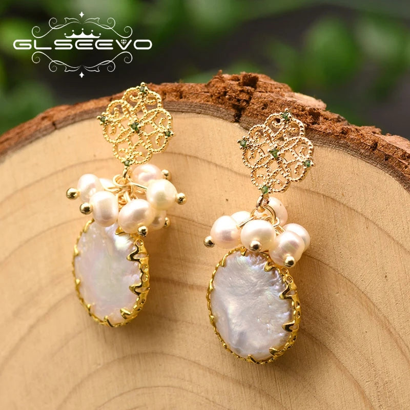 New Yiwu Jewelry Wholesale Natural Baroque Pearl for Women Flower Drop Earrings 18K Gold Plated Fashion Designer Jewelry