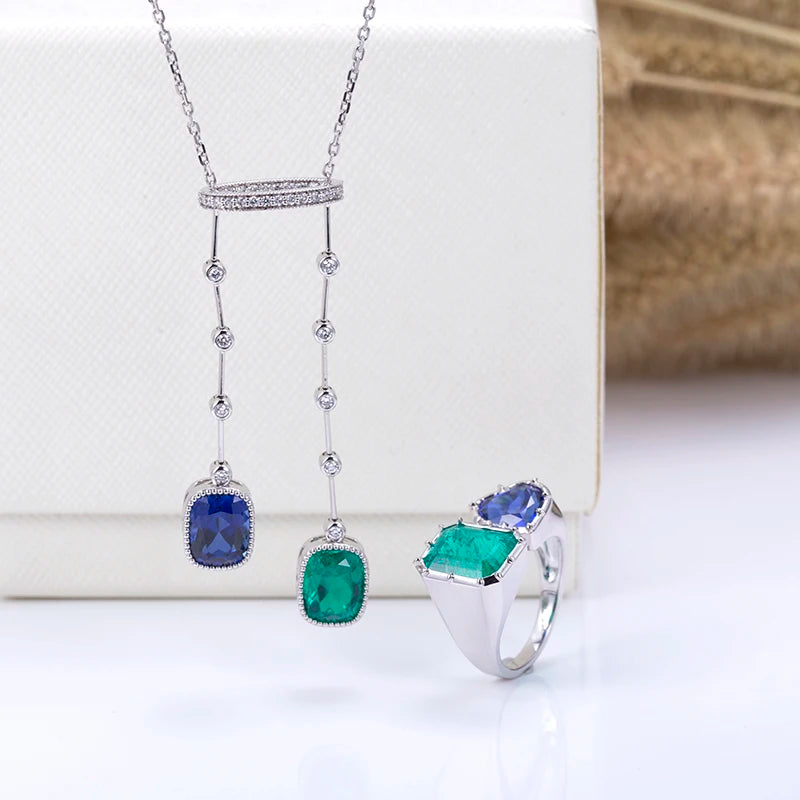 Messi Jewelry MSN-700 18K White Gold Lab Sapphire Lab Emerald Custom Chain Pendant