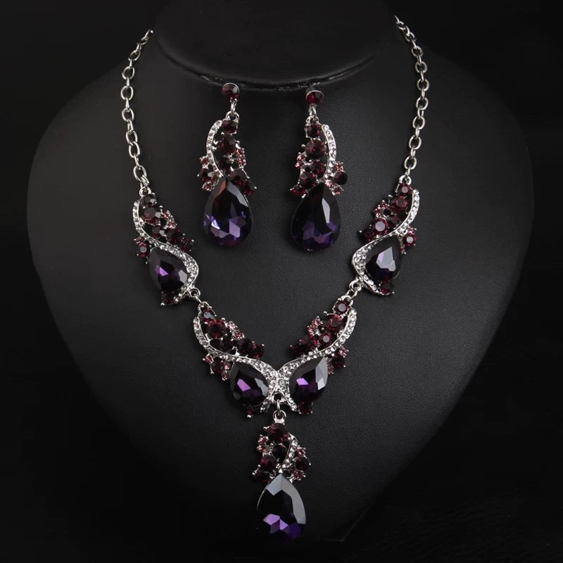 XM S368 Silver Plated Princess Cut Zircon Floral Statement Necklace & Drop Earrings Set