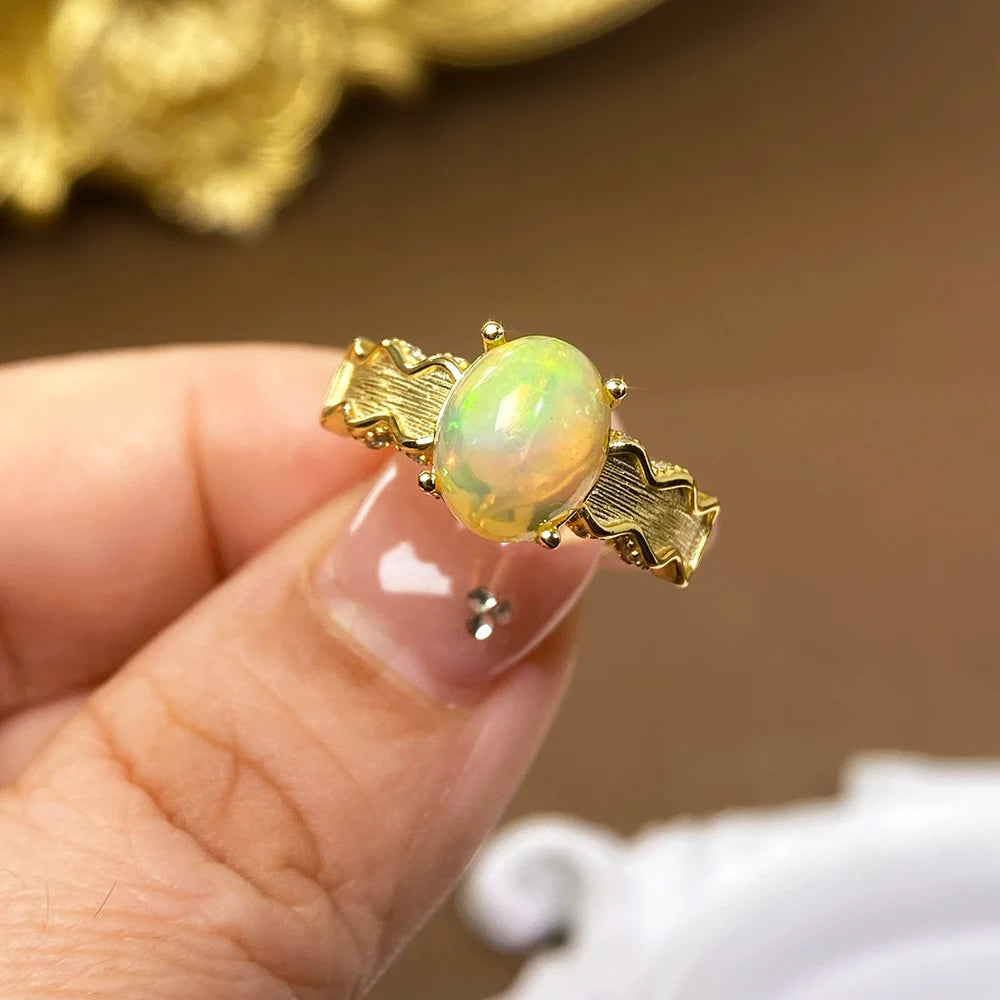 Gioiellieri Natural Ethiopian Opal Ring with S925 Sterling Silver Elegant Multi Color Gemstone Jewelry October Birthstone Gift