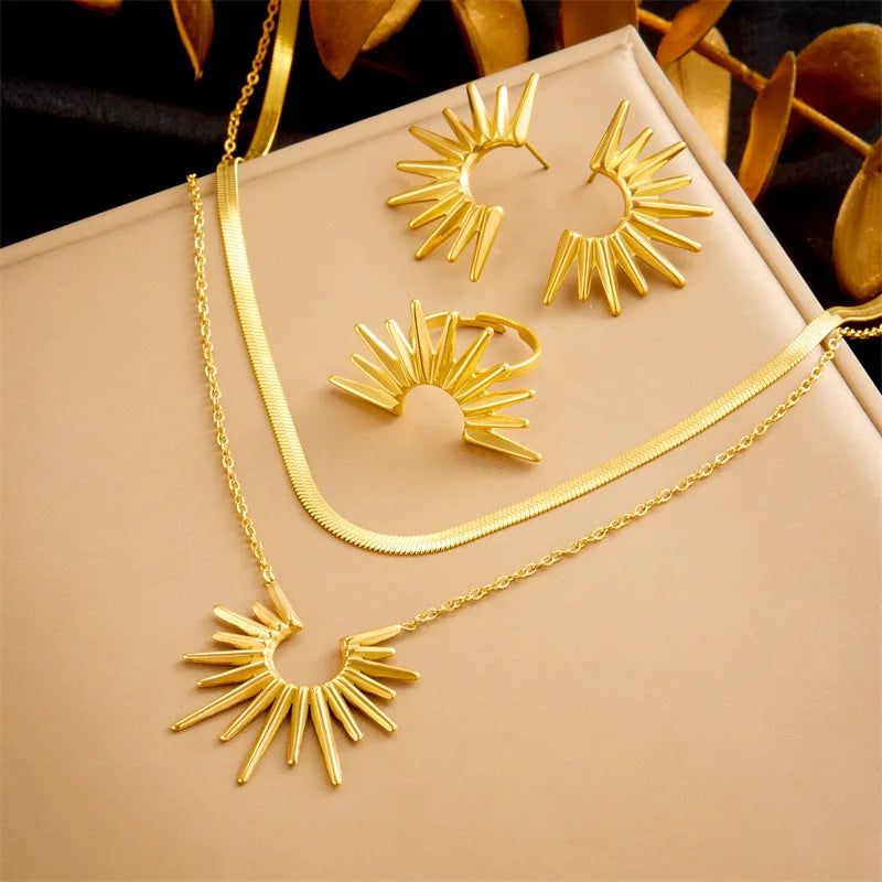 Gold Geometric Sun Necklace, Earrings & Ring Jewellery Set | Celestial Fashion Set