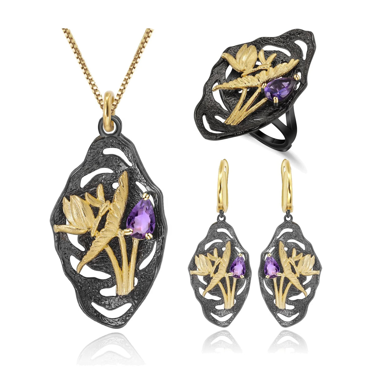 ArtistA Abiding Dreamy Summer Stylish 925 Stamped Silver Natural Amethyst Ladies Vintage Lotus Bud & Leaves Dragonfly Jewelry Set