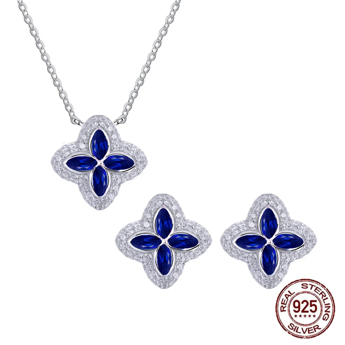 925 Sterling Silver Marquise Cut Blue CZ Halo Necklace Earrings Sparkling Lucky Four Leaf Clover Jewelry Set for Daily Wear