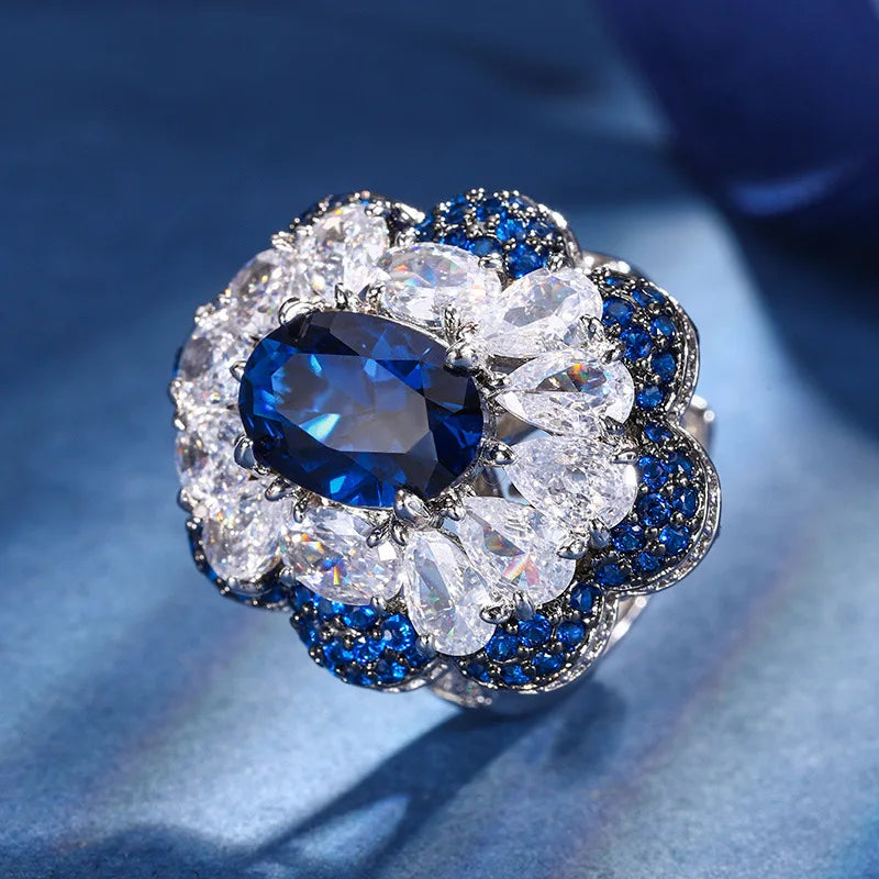 Gemfiori New Royal Blue Ring Pendant Necklace Jewelry Set Sparkling Flower Inlaid Zircon Set