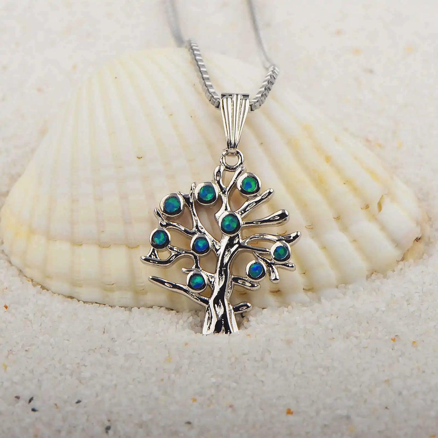 Copper Opal Tree Life Blue Tiny Pendant Flower Sweater Chain Women's Gift Silver Plated TikTok Ins Trendy Jewelry
