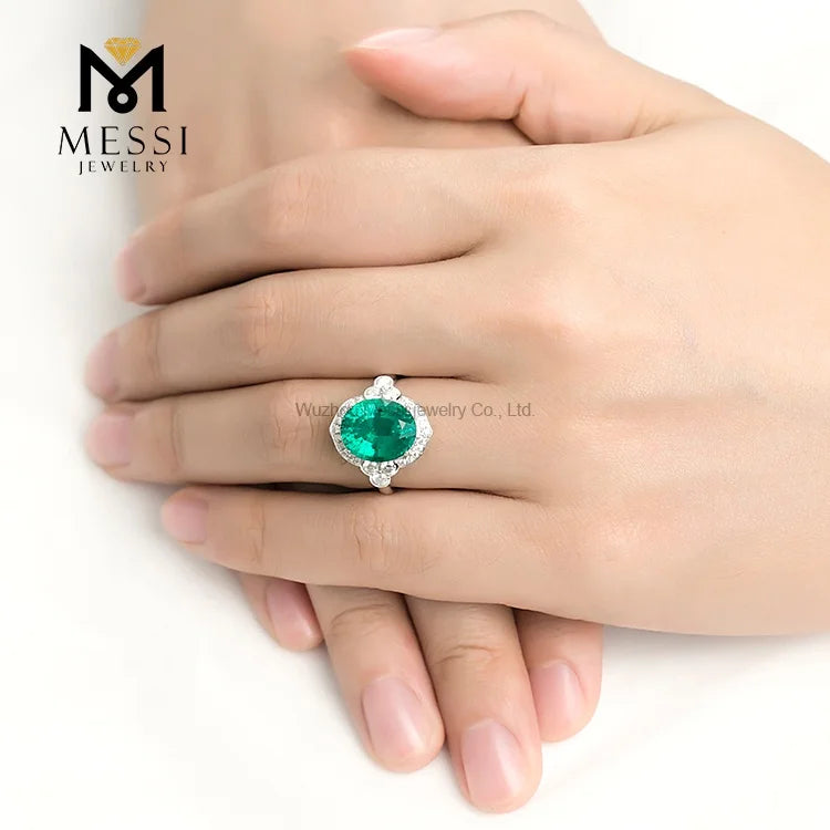 Gemfiori Messi Jewelry Antique Rings Emerald and Moissanite 14k 18k White Gold Jewelry for Woman Engagement Wedding halo Ring