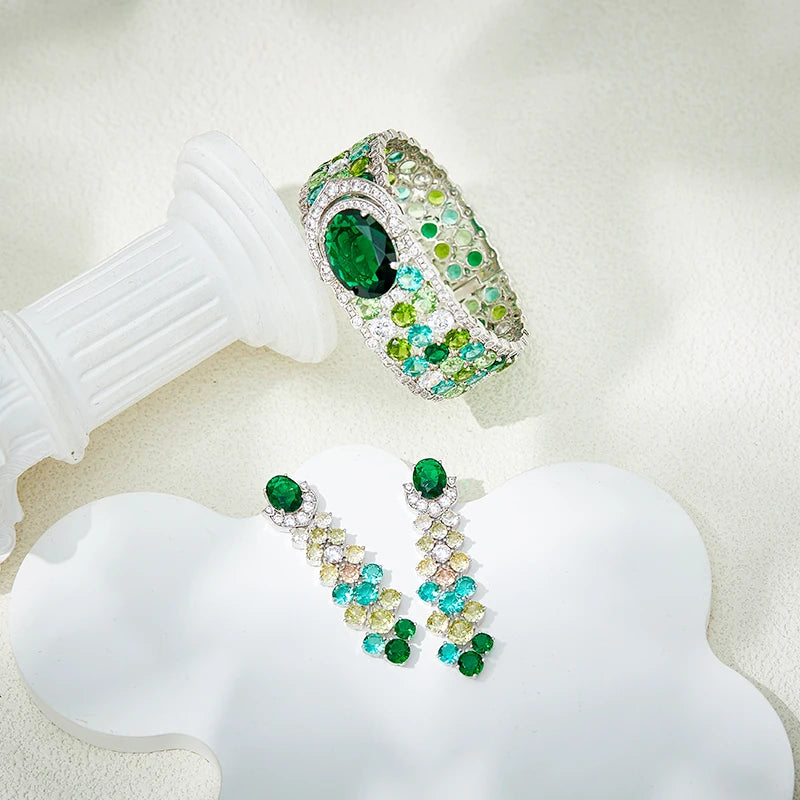 High-End Dubai-Inspired Double-Layer Green Necklace Earrings Set Exaggerated Zircon Trendy Wedding Jewelry for Women Engagement