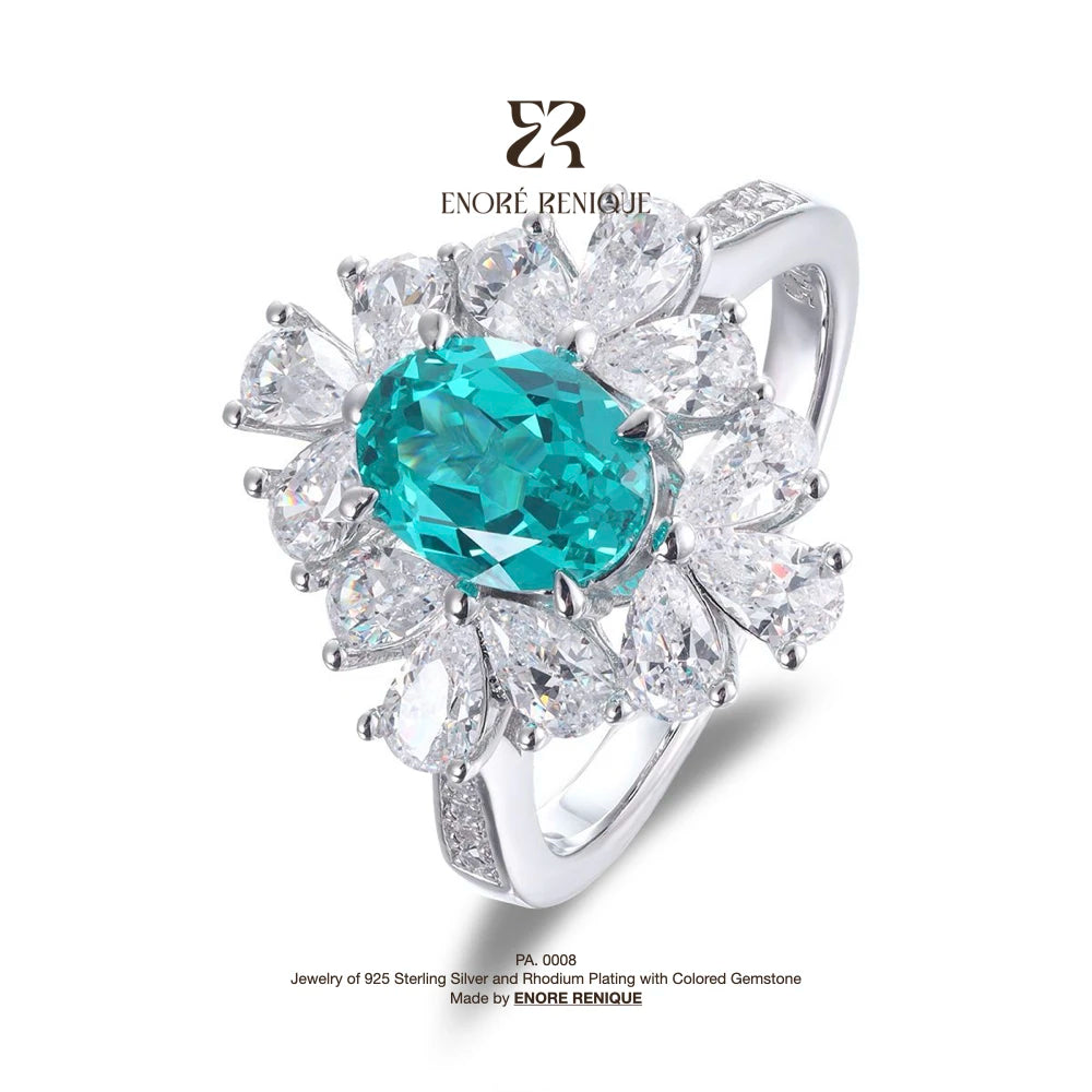 Mixed-Cut Halo Oval Lab-Grown Paraiba Tourmaline Statement Ring S925 Silver Rhodium Plated Gemstone Jewelry for Luxury Vacation