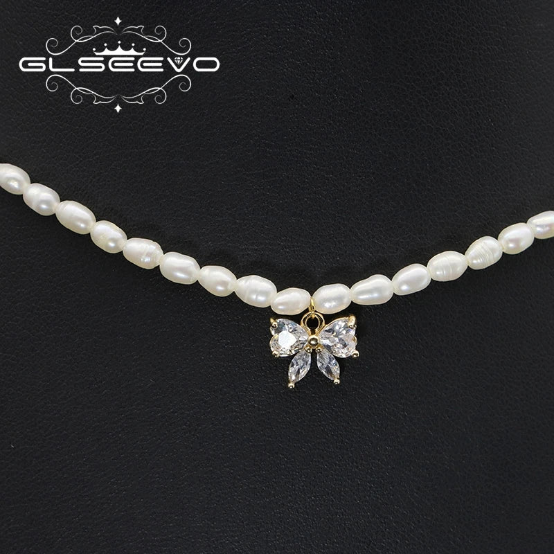 Simple Zircon Butterfly Pendant Freshwater Pearl Necklace Baroque Enamel  Gold Plated Luxury for Girls Necklace Fine Jewelry