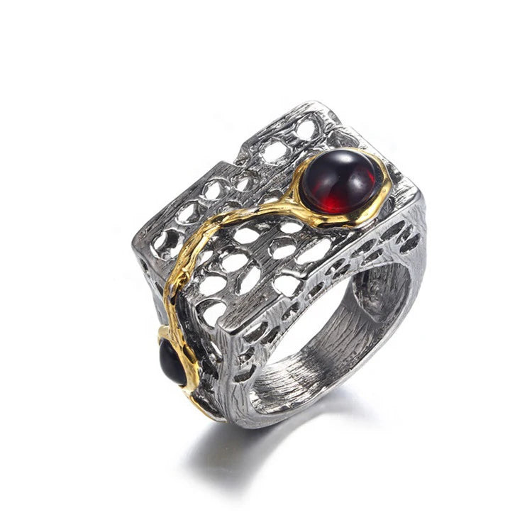 Private Order Gold Plated 925 Sterling Silver Retro Hollow Garnet Ring
