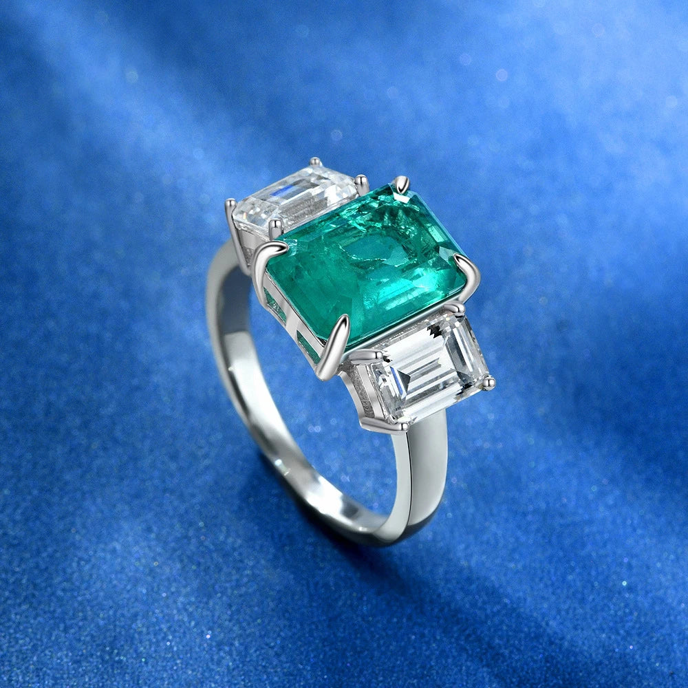 MuShan Jewelry Factory New Pure Silver 4ct Simulated Emerald 8*11 High Carbon Diamond Ring Is Versatile for Europe and America
