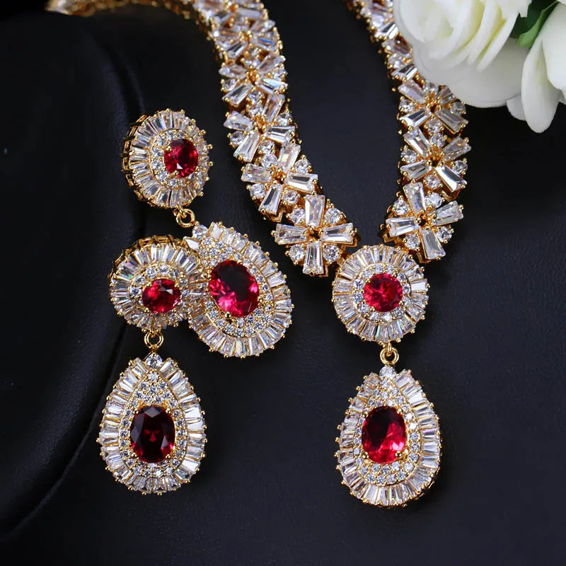 Popular American Style Full Cubic Zircon Inlay Water Drop Shape Pendant Wedding Bridal Jewelry Set for Women Honorable Jewelry