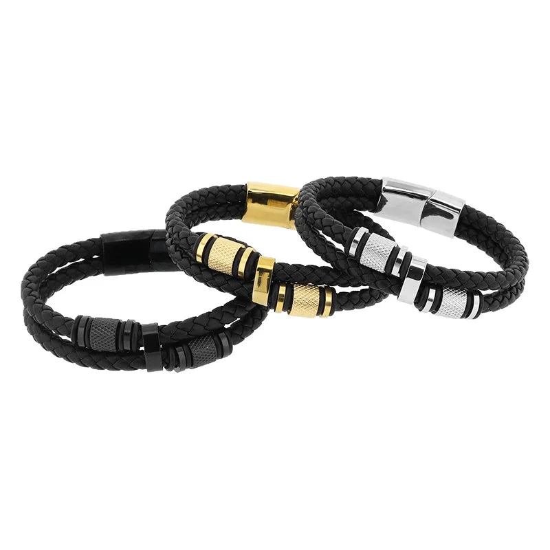 KALEN 210mm Men Vintage Multiple Style Stainless Steel&Cowhide Leather Bracelets