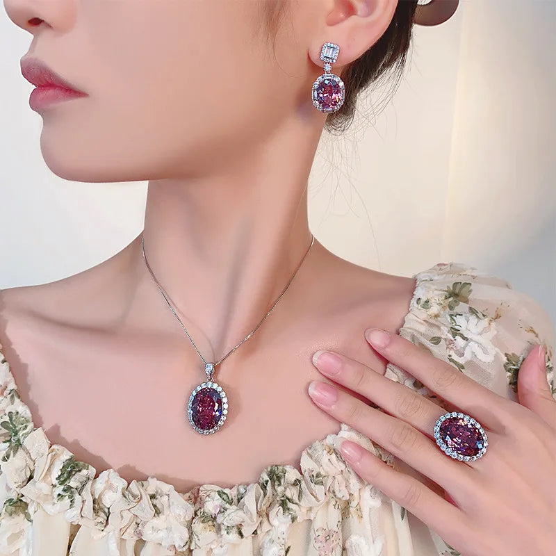 Gemfiori Fashion Jewelry Set with Purple Shining Zircon Jewelry Three Piece Exquisite Ring Earnail Pendant Jewelry