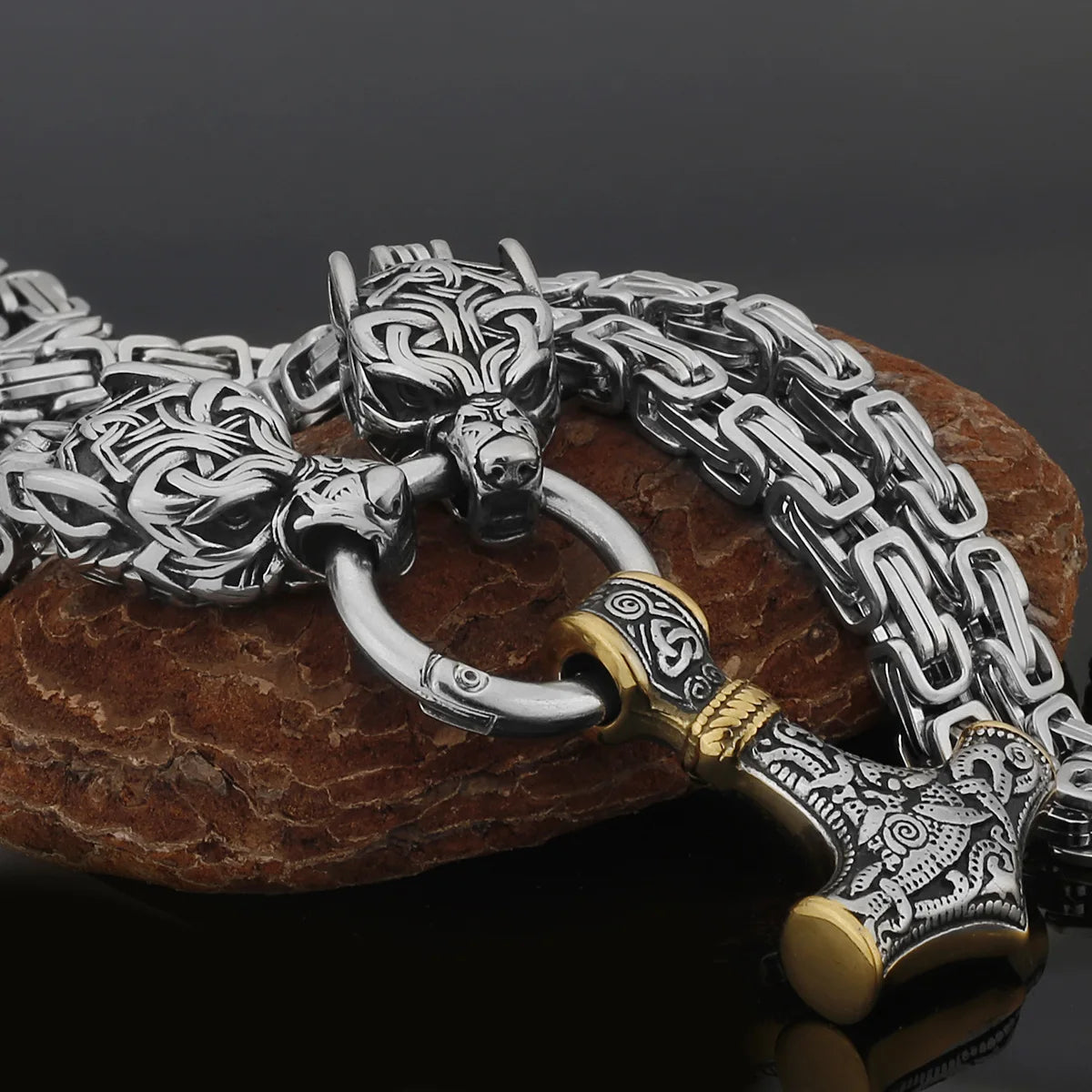 Wholesale Men's Stainless Steel Punk Pendant Necklace Gold Plated Thor Hammer Mjolnir for Mens Jewelry