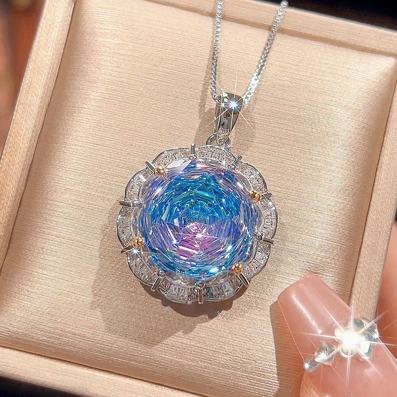 Gemfiori New Women's Fashion Jewelry Necklace Ring Earstuds Copper Gold Plated Rose Cutting Sea Blue Temperament Light Luxury Set