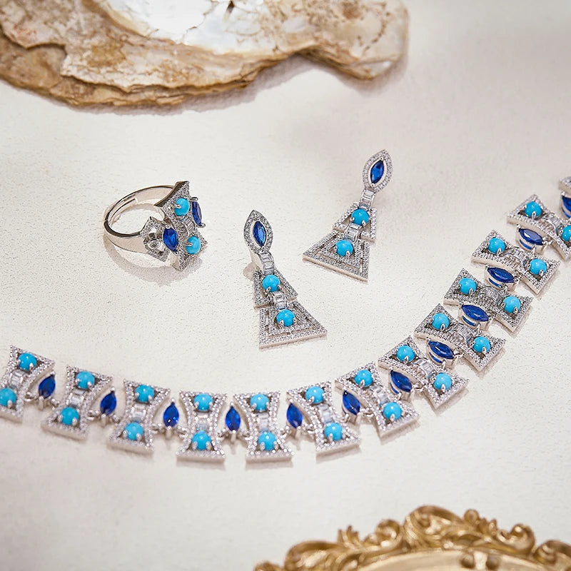Women Boutique Jeweler Purchases Turquoise Blue Necklace Earrings Anti-oxidation Ring Bracelet Suitable for Banquet 4-piece Set