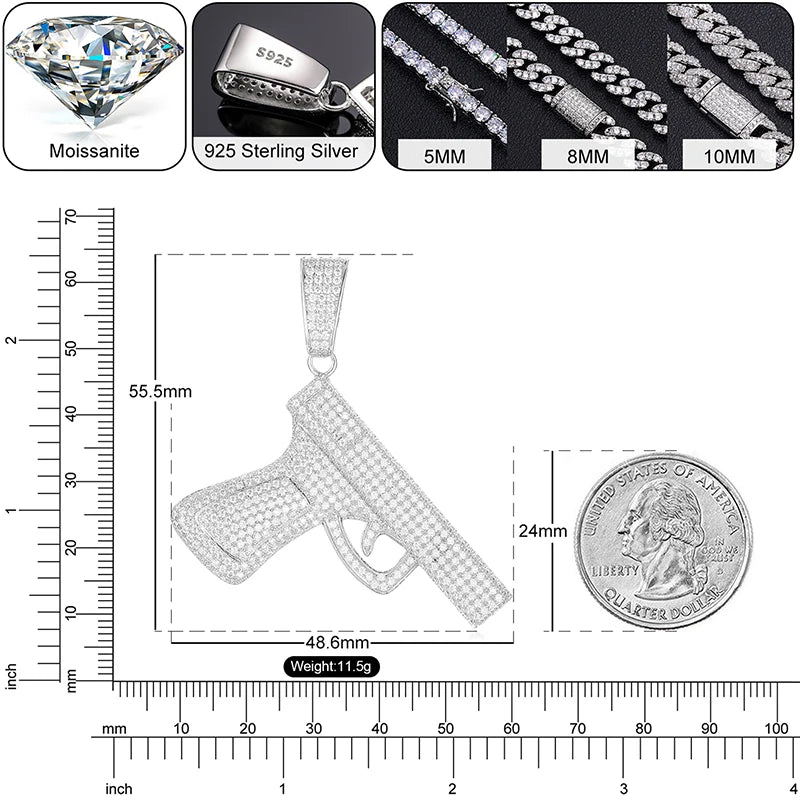 BiG-BOSS Statement Rapper Jewelry Hip Hop Men 925 Sterling Silver VVS Moissanite Diamond Iced Out Pistol Pendant