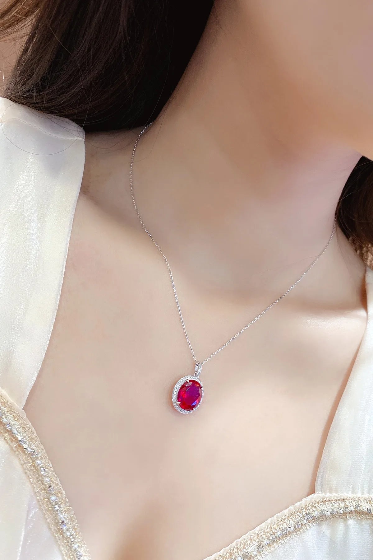 Gemfiori Customizable 925 Sterling Silver 3.38ct Oval Cut Lab Grown Ruby Link Chain Pendant 3.38ct Necklace Jewelry Weddings Engagements