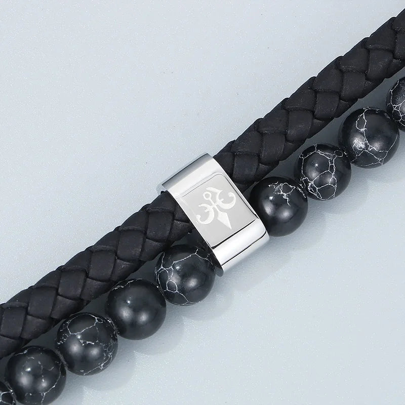 KALEN 210mm Men Mature Stainless Steel Beads&Cowhide Leather Bracelet