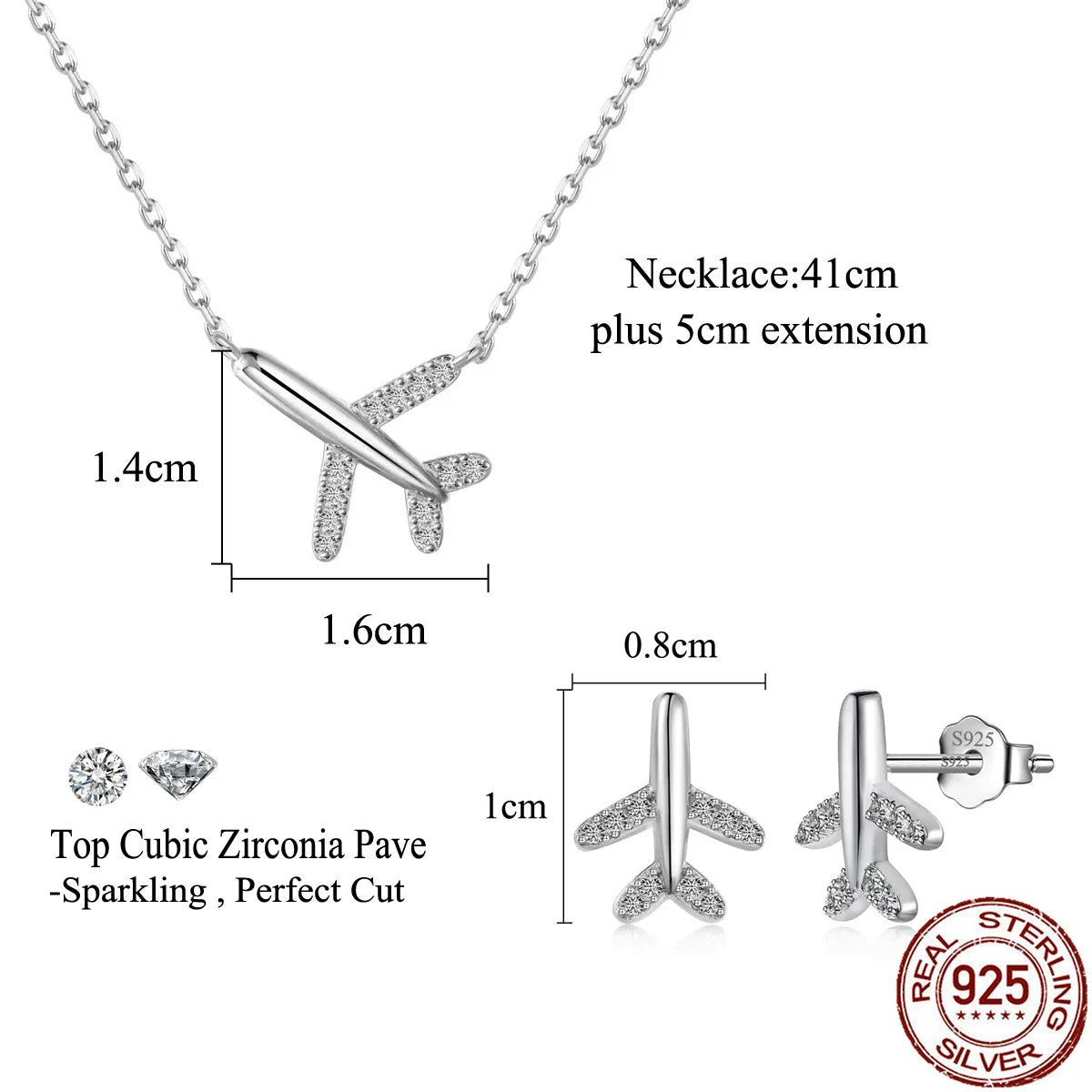 S925 Sterling Silver Jewelry Set Airplane Cubic Zirconia Pendant Necklace Stud Earrings CZ Jewelry Set for Women Girl Daily Wear