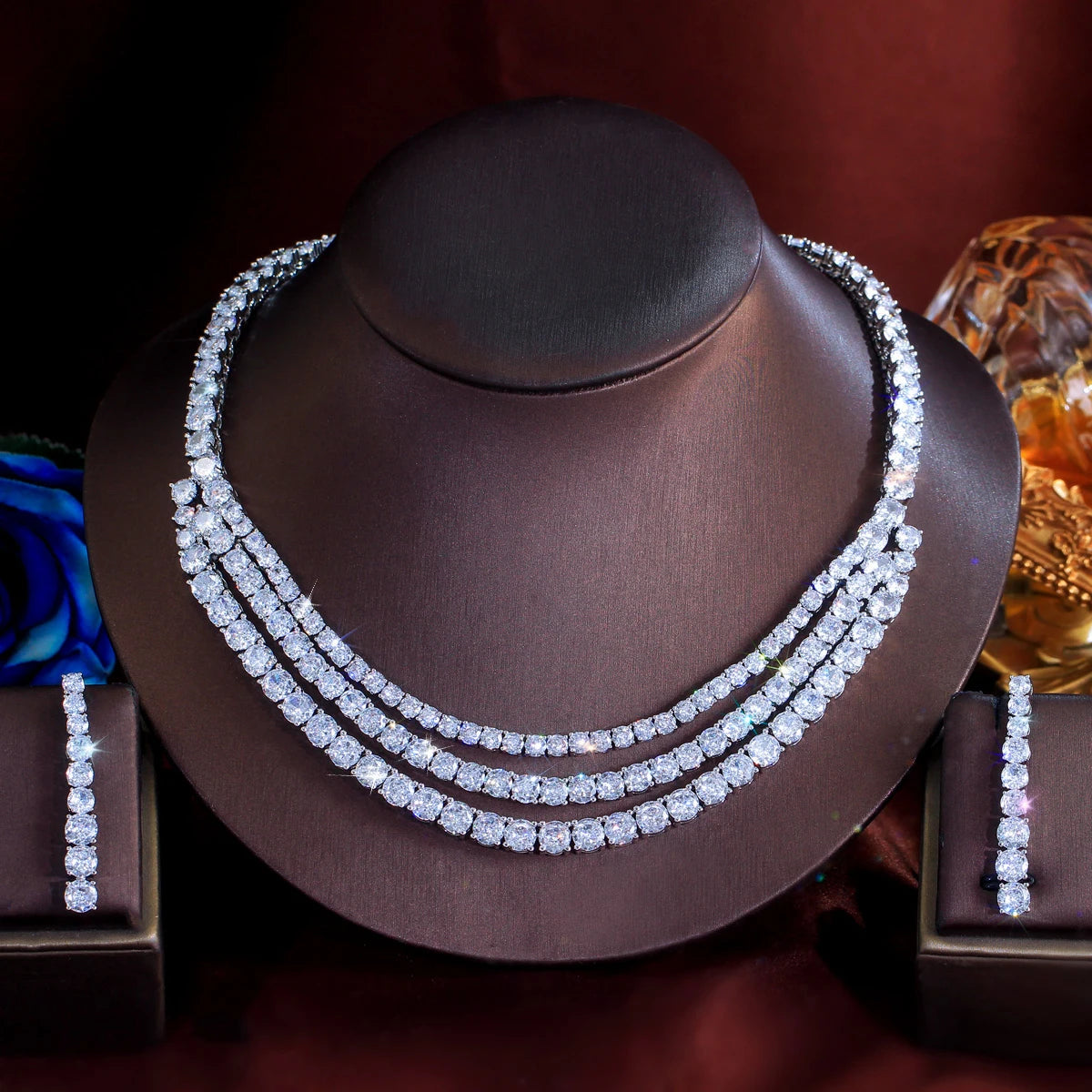 Stunning Round White Cubic Zirconia Tennis Necklace and Earrings Multi Layer Luxury Wedding Bridal Chunky Jewelry Sets for Women