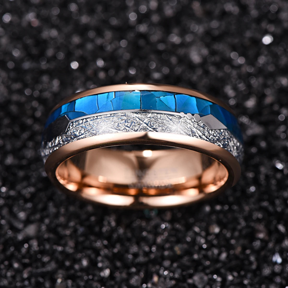 REBEL 8mm Width Rose Golden Plated Inlaid Blue Shell Imitation Meteorite Arrow logo Men's Tungsten Ring Jewelry