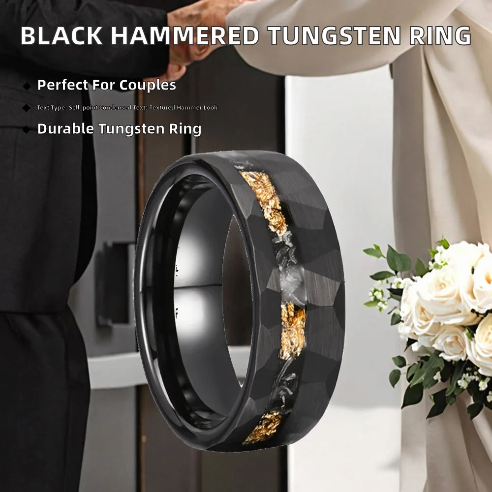 New Fashionable Tungsten Carbide ring with gold foil debris Wedding Engagement  8mm Black Hammered Finish Couples Ring