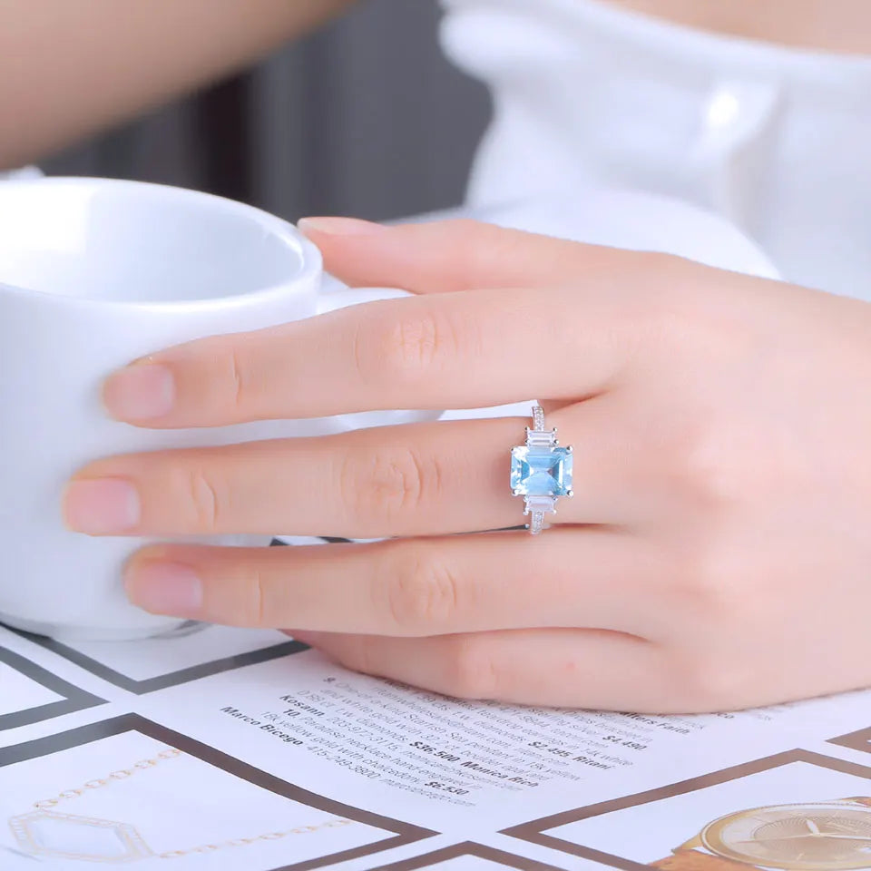 925 Sterling Silver Jewelry Sets for Women Gemstone Sky Blue Topaz Ring Clip Earrings Female Wedding Engagement Jewelry