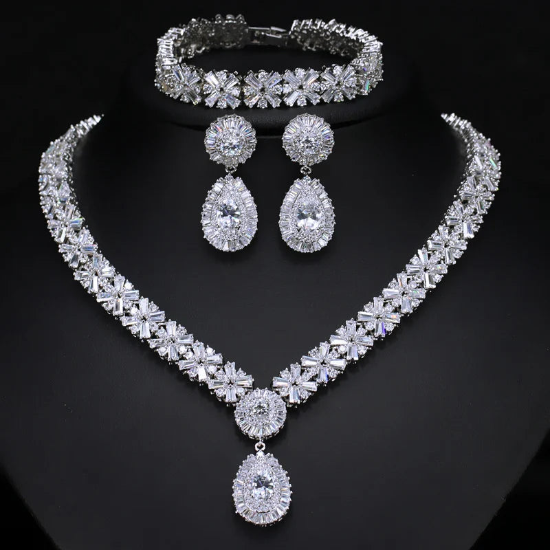 Shiny Luxury Dubai Gold Plated Jewelry Sets Cubic Zircon Big Water Drop Earrings Necklace Bracelet for Ladies Wedding Bridal