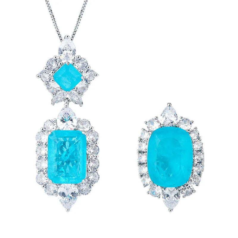 Gemfiori Light Luxury Niche High-end Jewelry Ice Flower Crack Blue Zirconium Pendant Ring Set Creative and Personalized Design