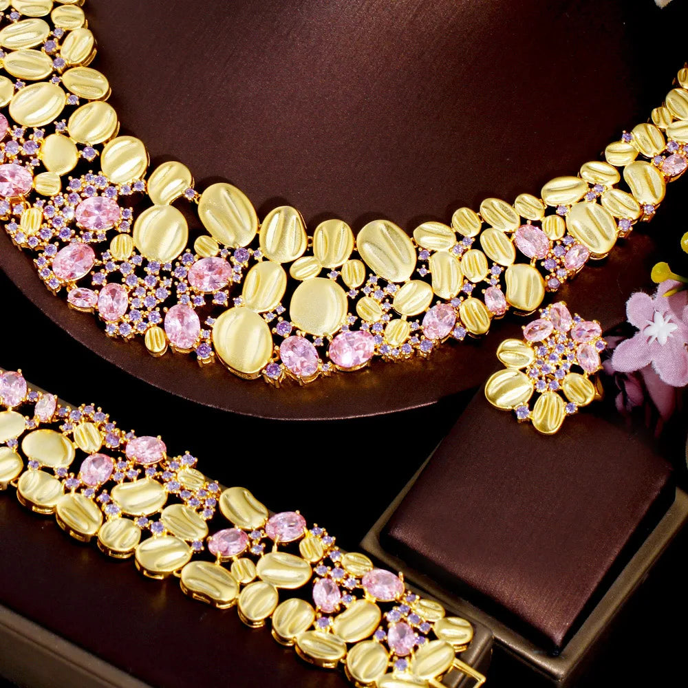 4piece African Cubic Zirconia Extra Large Necklace Women Wedding Party Dubai Gold Plated Luxury Big Jewelry Sets for Brides