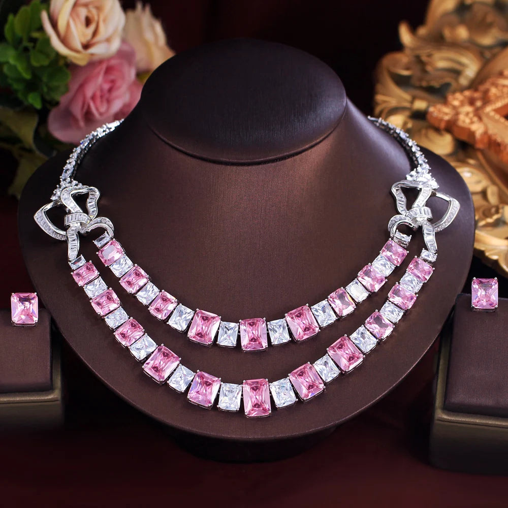 Super Shiny Luxury Design White and Pink Square Cut Cubic Zirconia Double Layer Wedding Bridal Big Jewelry Set for Women