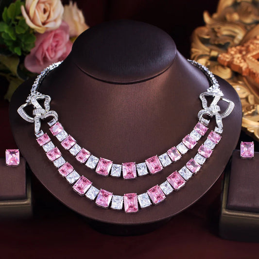 Super Shiny Luxury Design White and Pink Square Cut Cubic Zirconia Double Layer Wedding Bridal Big Jewelry Set for Women