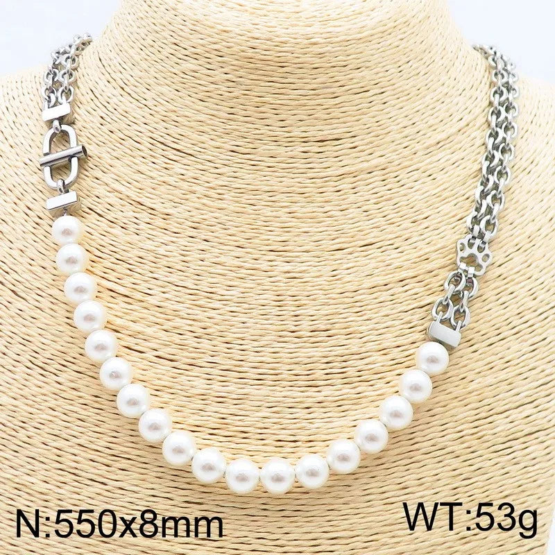 REBEL Unisex Elegant Noble Style Stainless Steel&Pearls Necklace