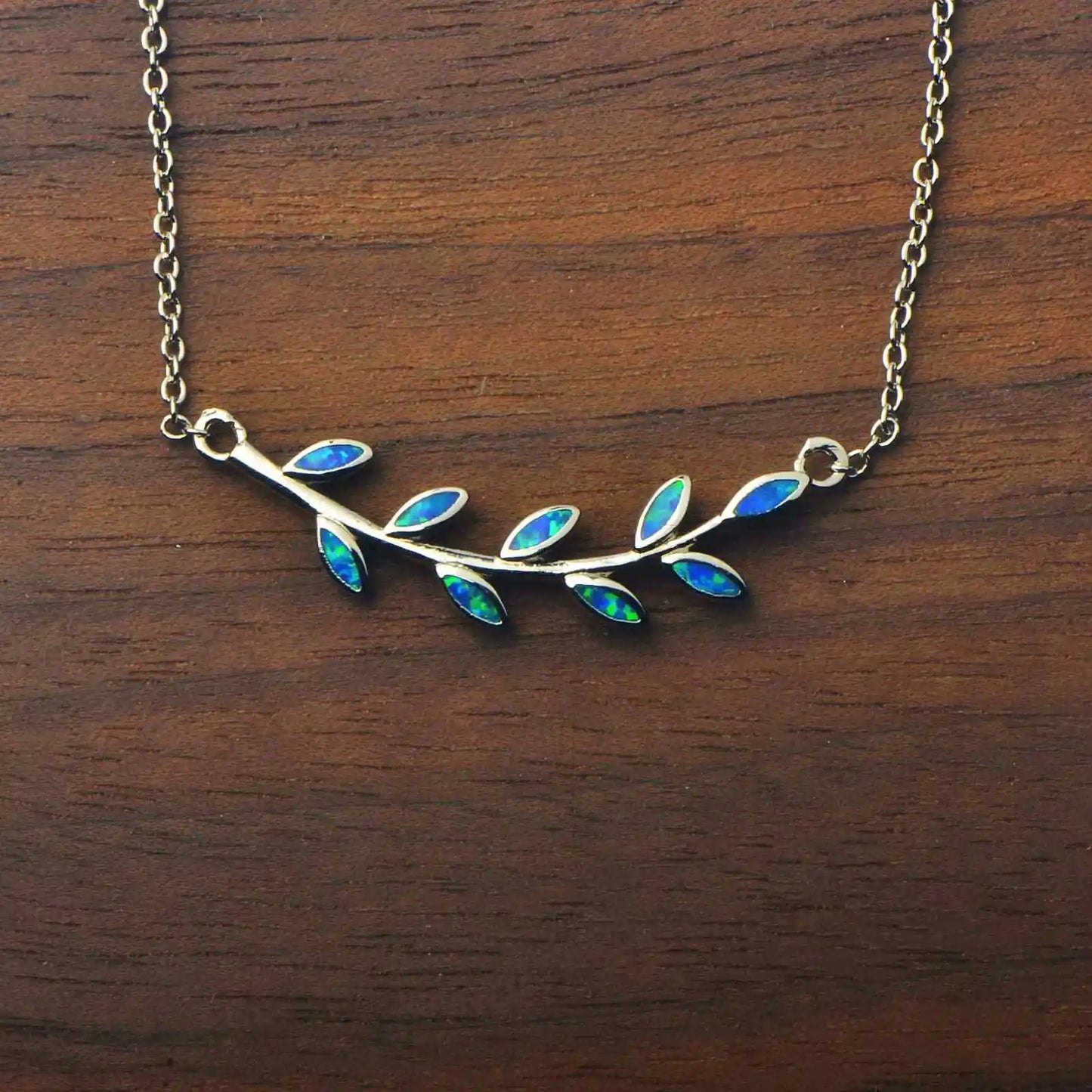 Aobao Silver Plated Copper Alloy Opal Leaf Necklace with Box Chain Christian Design for Women's Anniversary Gift