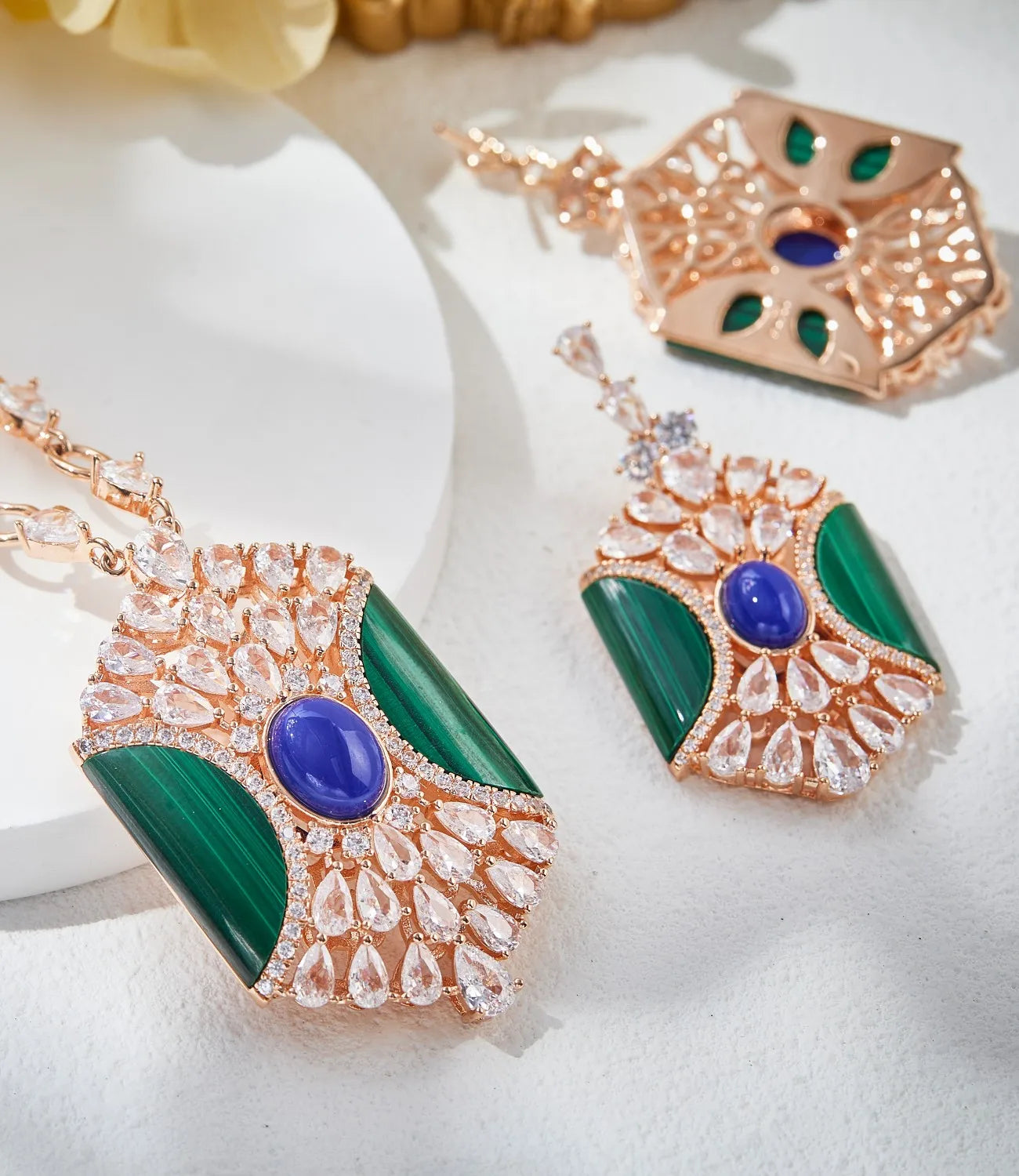 Luxury Green Malachite & Blue Stone Claw-Set Long Tassel Pendant Necklace & Earrings Dubai Bridal Set — Rose Gold Plated